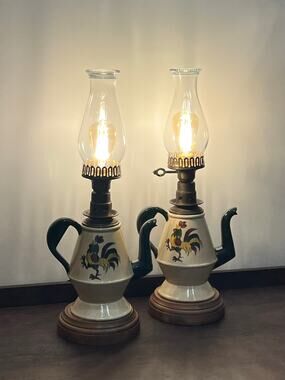 Pair of hand painted Metlox Poppytrail Ceramic Rooster Electric Oil Lamps